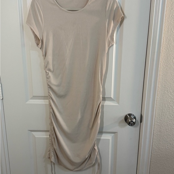 Beige Ribbed Knit Ruched T-Shirt Dress - Picture 1 of 6